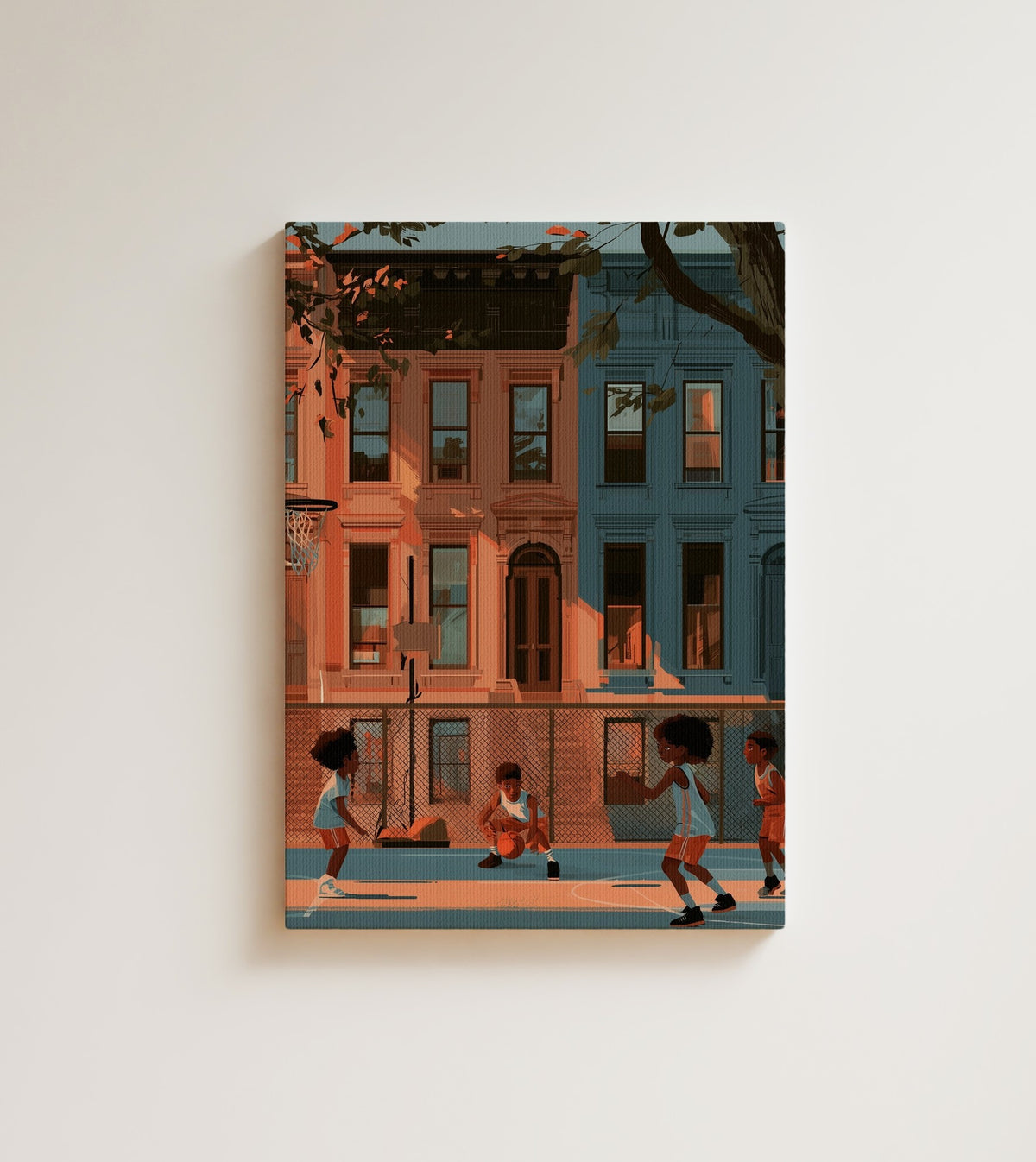 Pickup on the Block: black kids shooting hoops at a fence rim outside a row of brownstones. Canvas wall art, shown on a plain wall