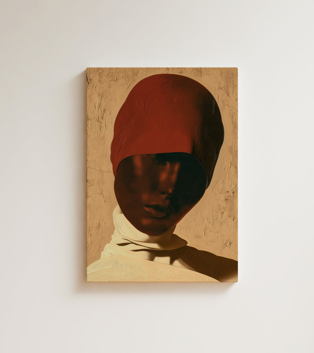 Crimson Hush: half in the light, half keeping to herself. Canvas wall art, shown on a plain wall