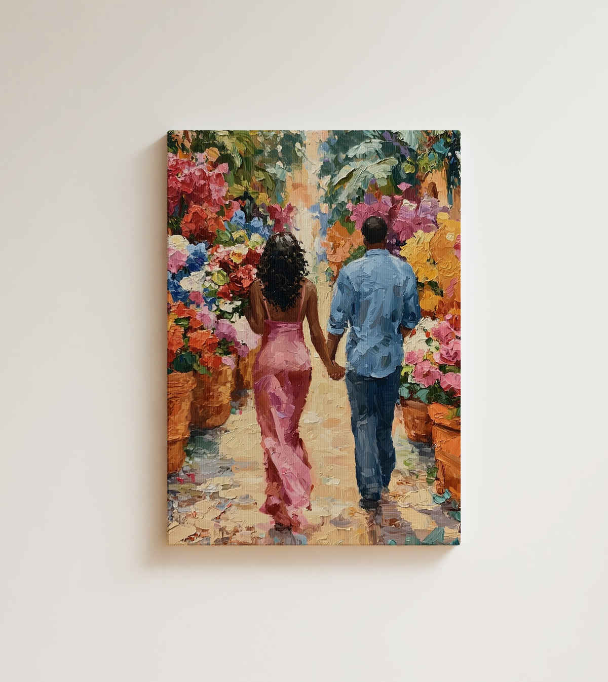 Through the Flower Market: love looks like two people choosing the same direction, again and again. Canvas wall art, shown on a plain wall
