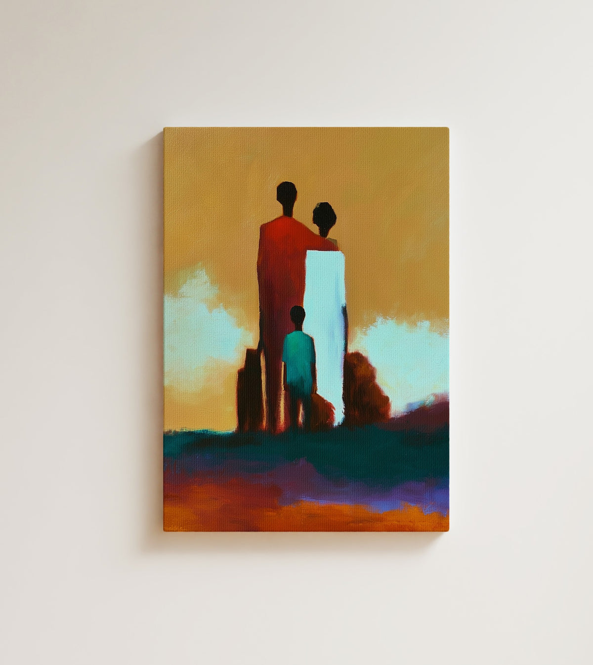 Homecoming: three shapes on a hill, watching the same sunset. Canvas wall art, shown on a plain wall