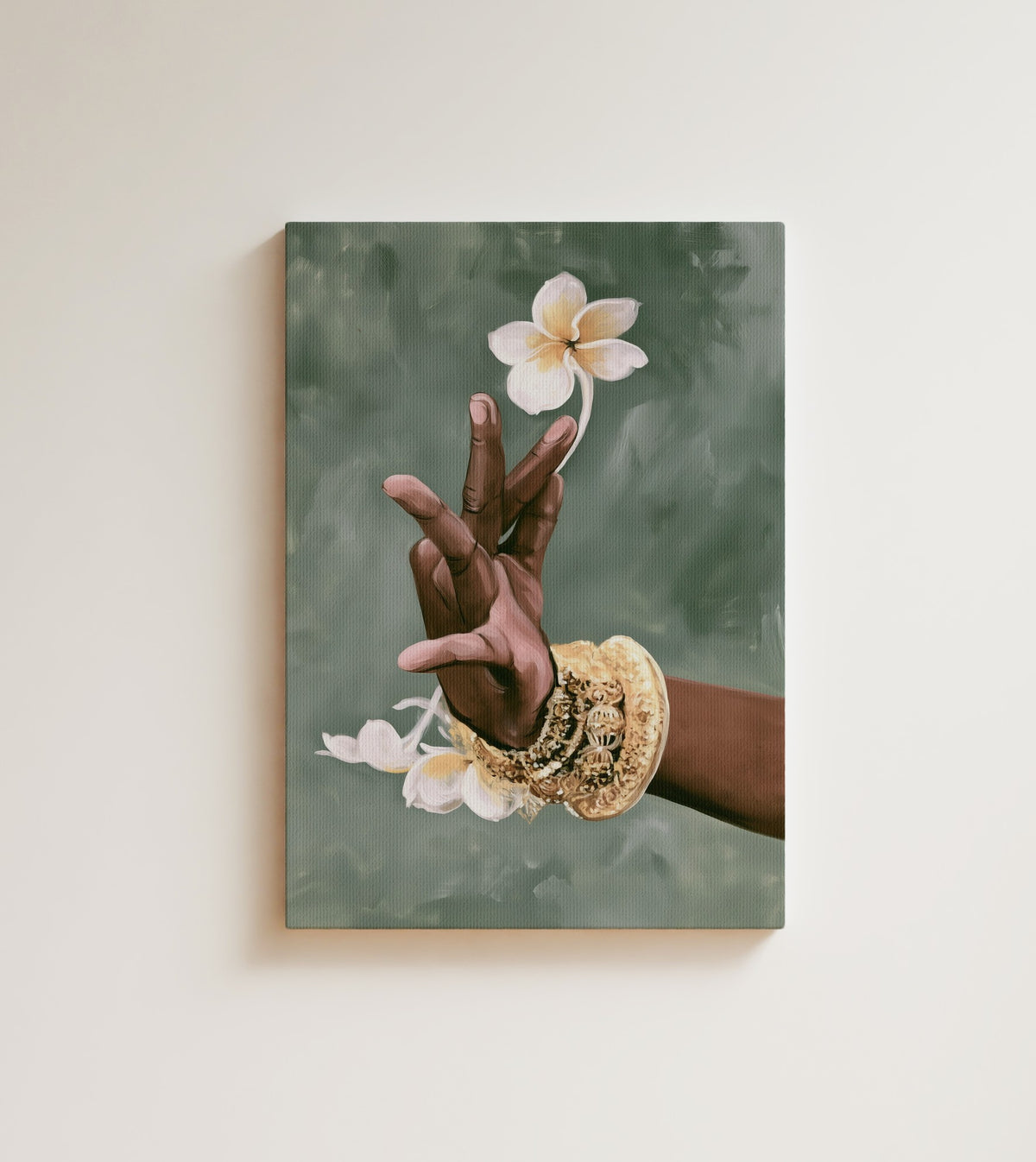 Tender Gesture: A raised hand holds a white plumeria flower, a gold beaded bracelet at the wrist. Canvas wall art, shown on a plain wall