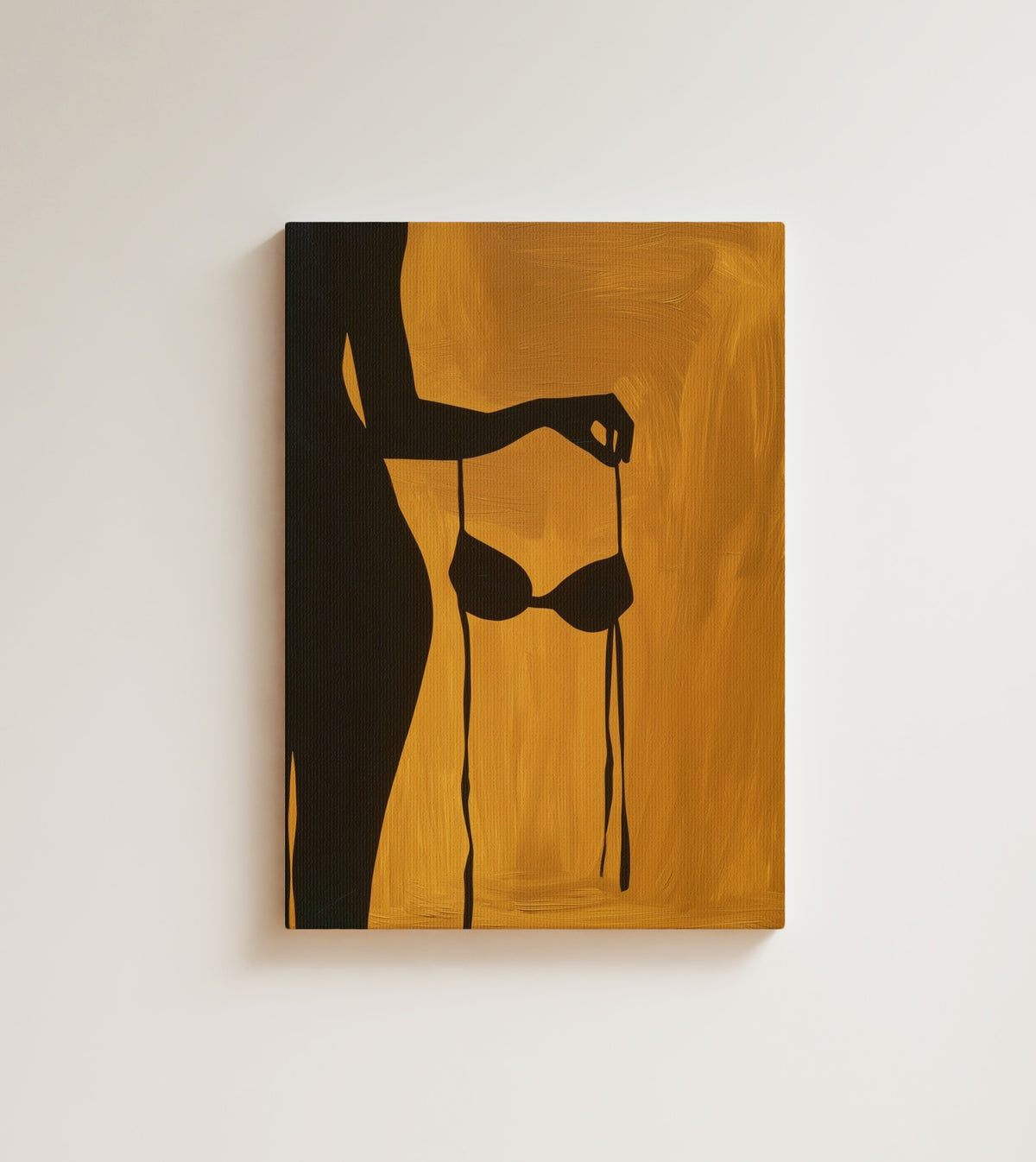 Heat of August: one bold black silhouette against a deep ochre field. Canvas wall art, shown on a plain wall