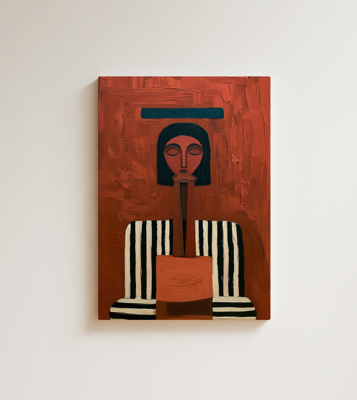 The Vigil: A stylised figure with a terracotta face and a dark bob sits in a striped armchair. Canvas wall art, shown on a plain wall