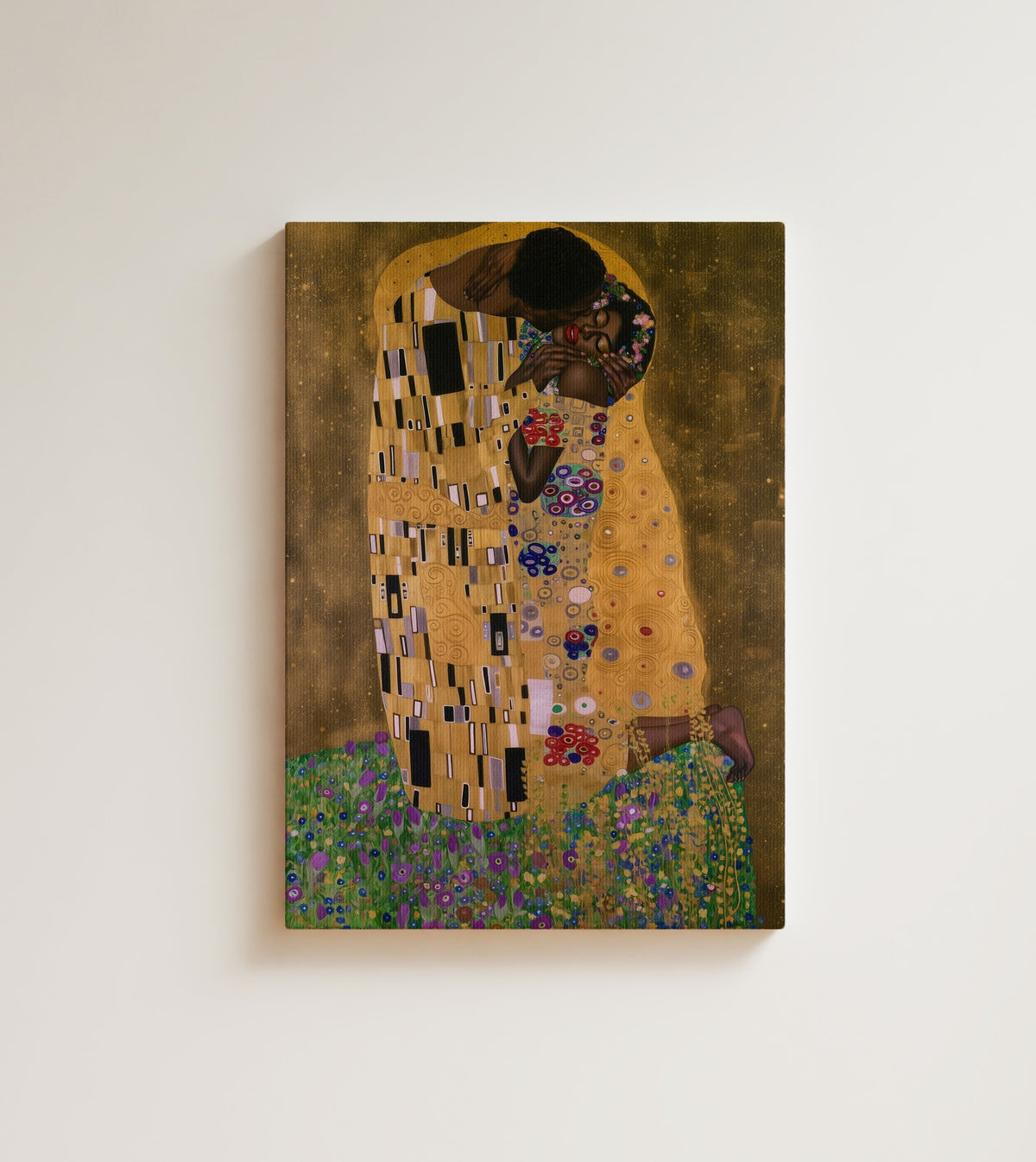 The Golden Kiss: the most famous kiss in art, retold with an African American couple at its heart. Canvas wall art, shown on a plain wall