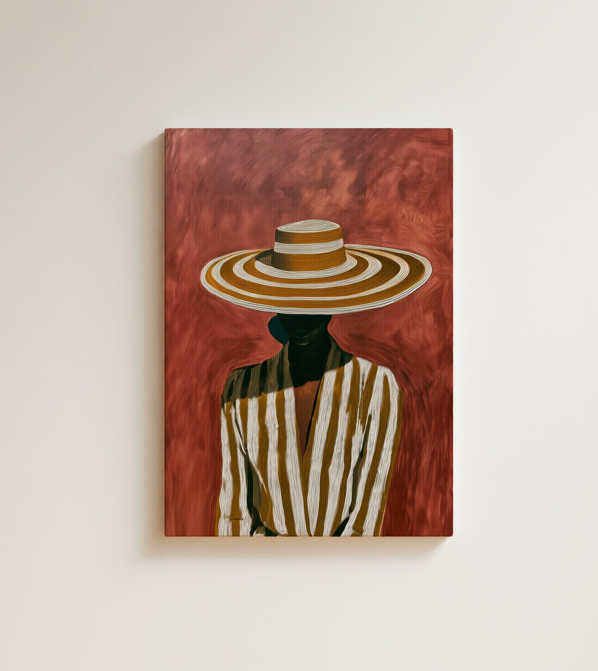 Stripes in Shade: A Black woman in a wide mustard and cream striped hat and a matching shirt. Canvas wall art, shown on a plain wall