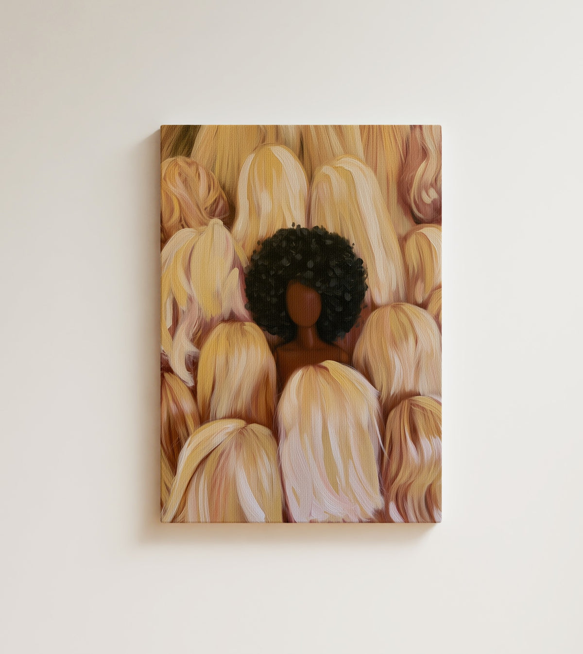 Portrait Among the Blondes: one crown of her own, in a room full of borrowed ones. Canvas wall art, shown on a plain wall