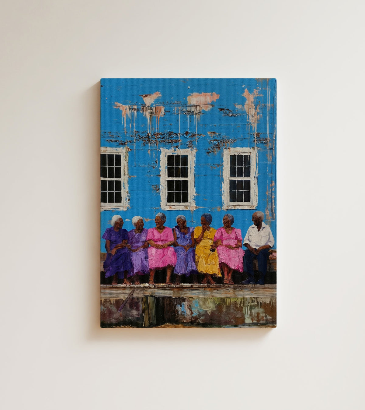 The Elders' Bench: fifty years of stories, and they still laugh at the same jokes. Canvas wall art, shown on a plain wall