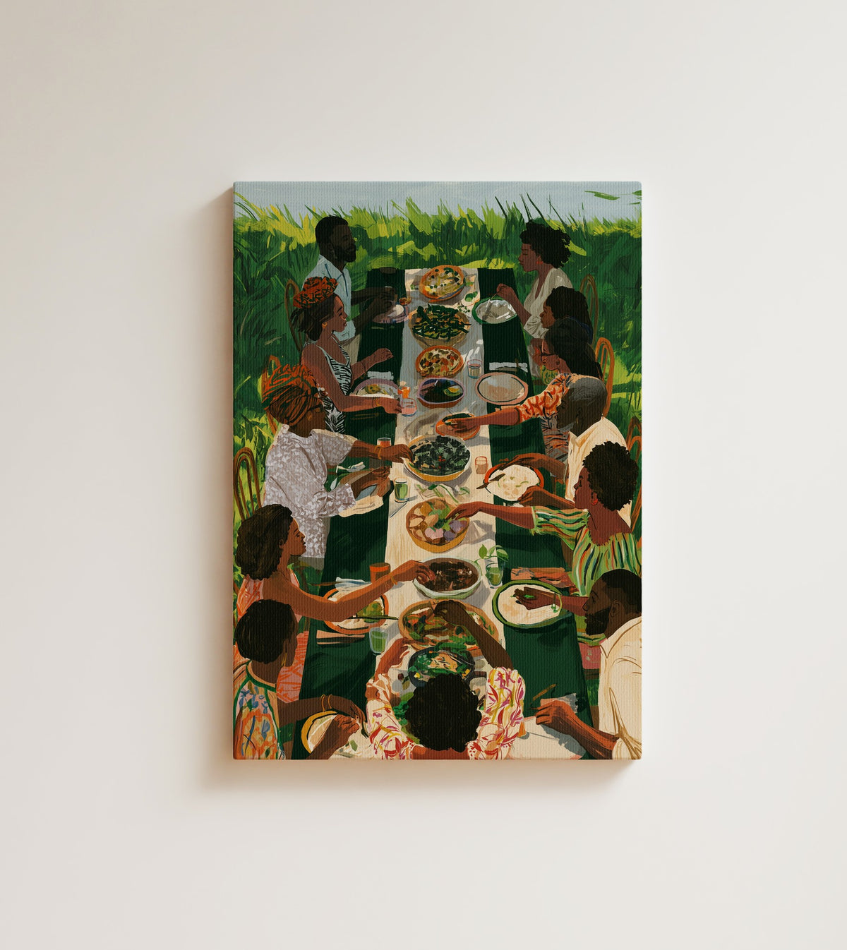 Harvest Table: plates full, arms crossing over one another. Canvas wall art, shown on a plain wall