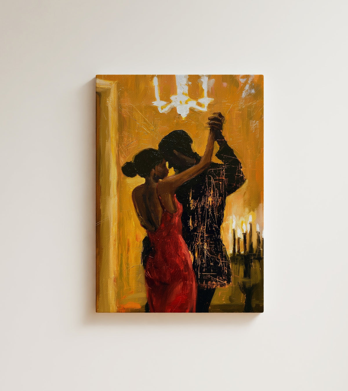 Candlelit Tango: A Black couple dances close beneath a chandelier, she in a long red dress, he in a dark suit. Canvas wall art, shown on a plain wall