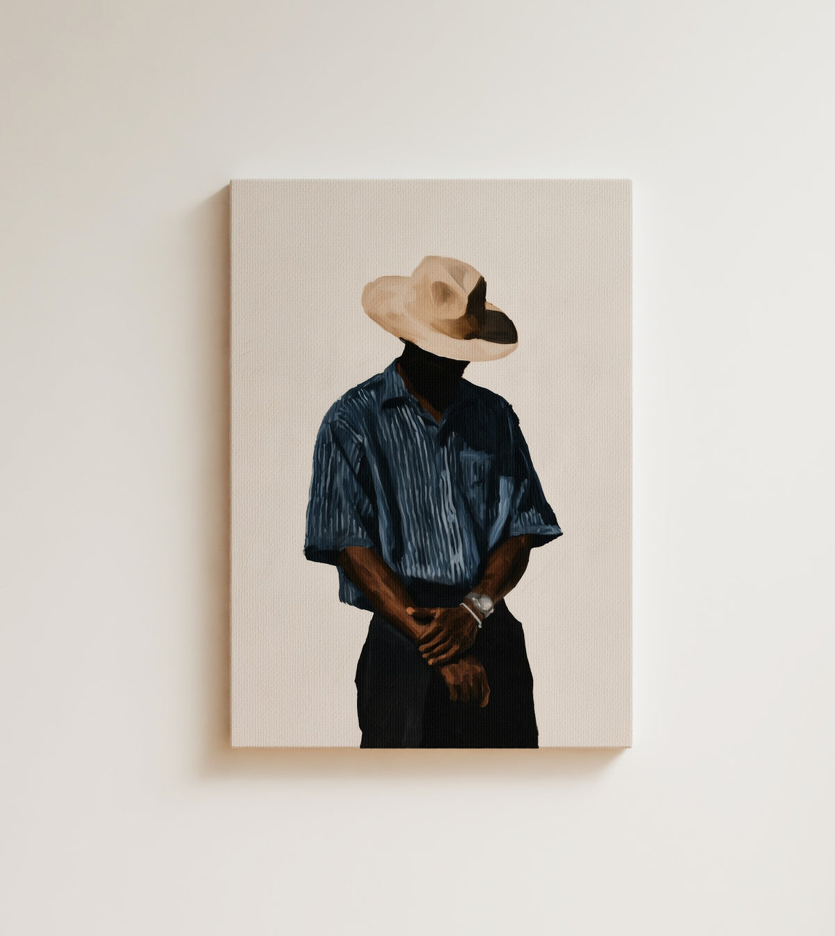 Patience: head down, hat on, hands still. Canvas wall art, shown on a plain wall