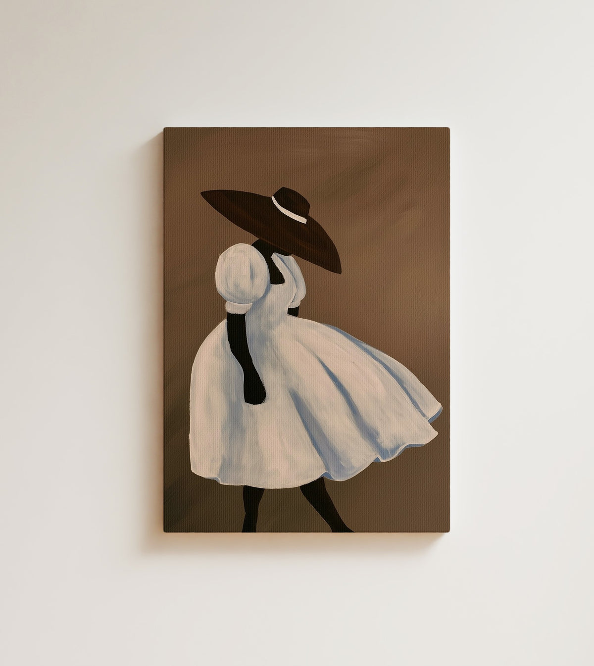 The White Dress: A Black woman in a white puff-sleeve dress and a wide brown hat walks into a taupe wind. Canvas wall art, shown on a plain wall