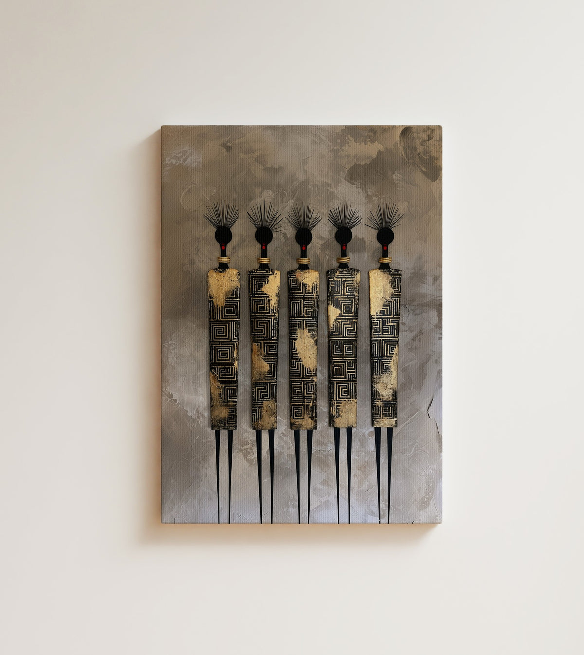 Five Sentinels: five tall African figures in black and gold maze patterns, gold rings at their necks. Canvas wall art, shown on a plain wall
