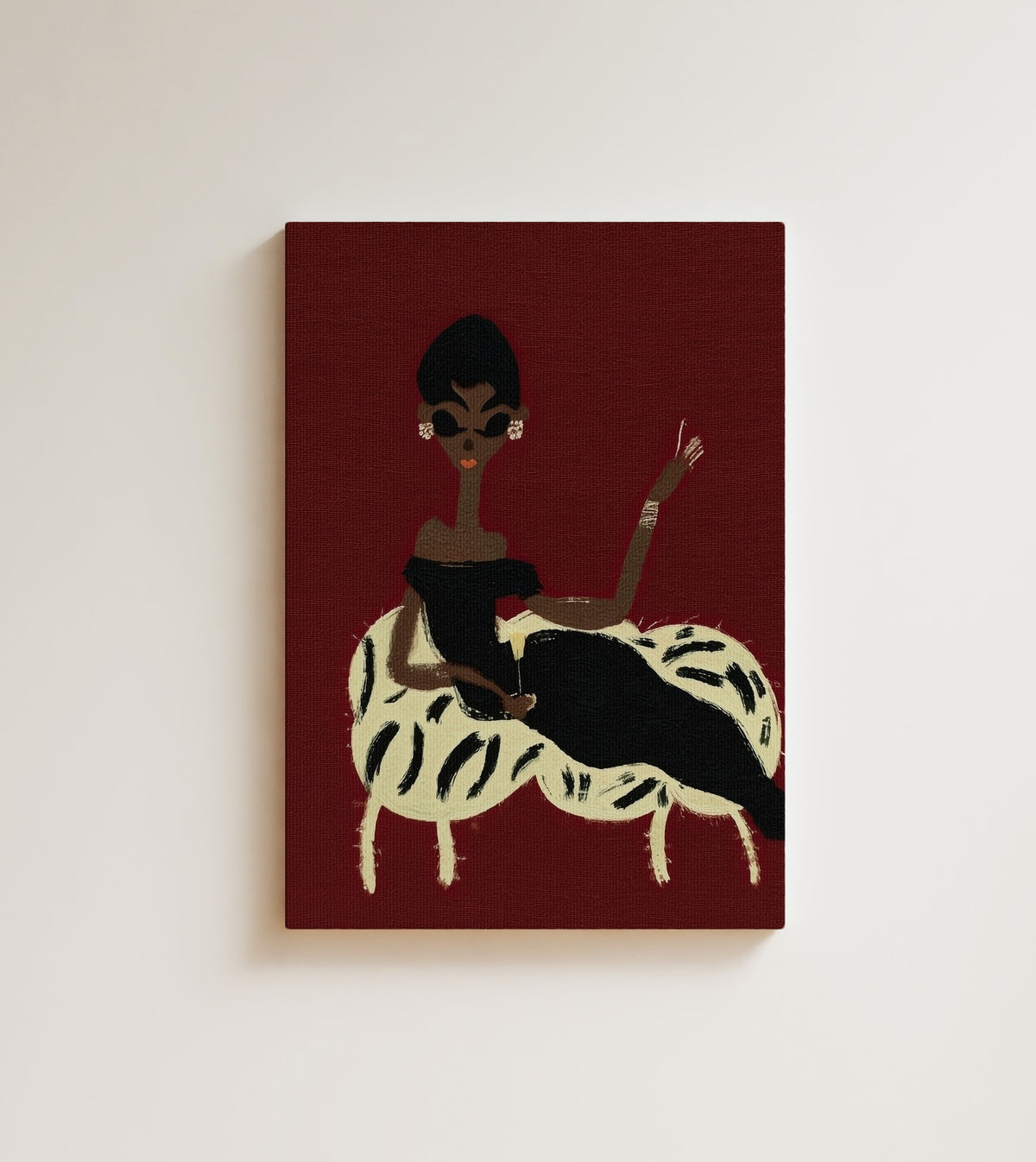 Lady on the Chaise: A woman in an off-shoulder black dress lounges on a leopard-spotted chaise against a deep burgundy ground. Canvas wall art, shown on a plain wall