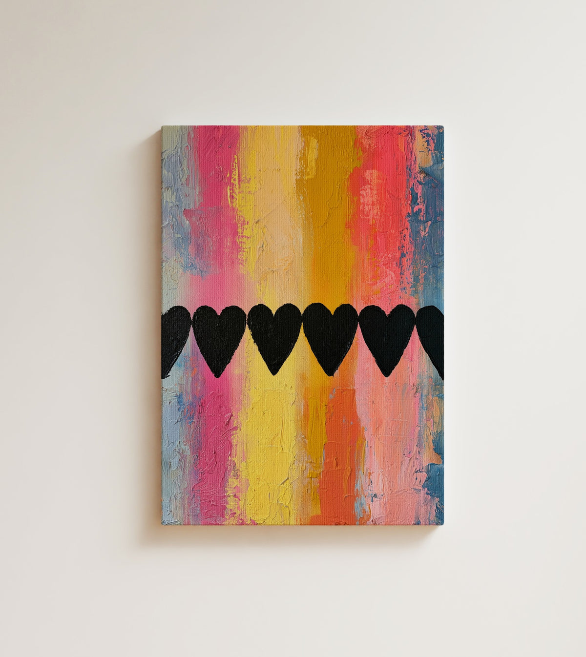 Hearts in Line: love does not always whisper, sometimes it lines up six hearts and paints them loud. Canvas wall art, shown on a plain wall