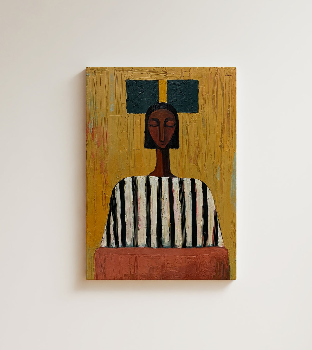 Teal Crown: A Black woman sits with her eyes closed beneath a crown of deep teal. Canvas wall art, shown on a plain wall