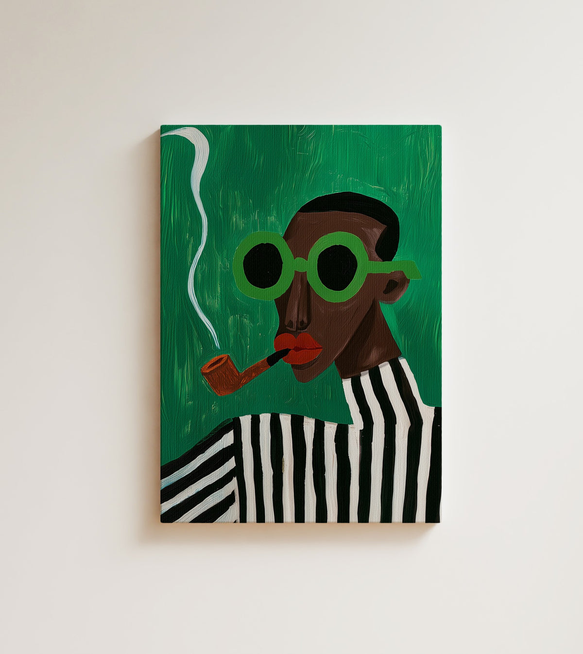 Slow Smoke: A Black man in round green glasses smokes a pipe. Canvas wall art, shown on a plain wall