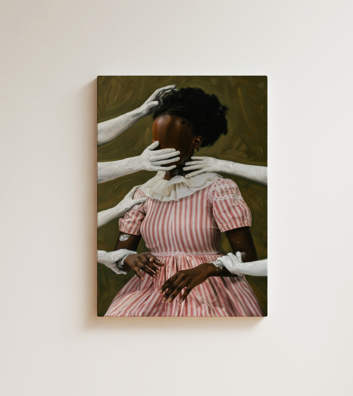 Held Still: every hand in this painting wants something from her. Canvas wall art, shown on a plain wall