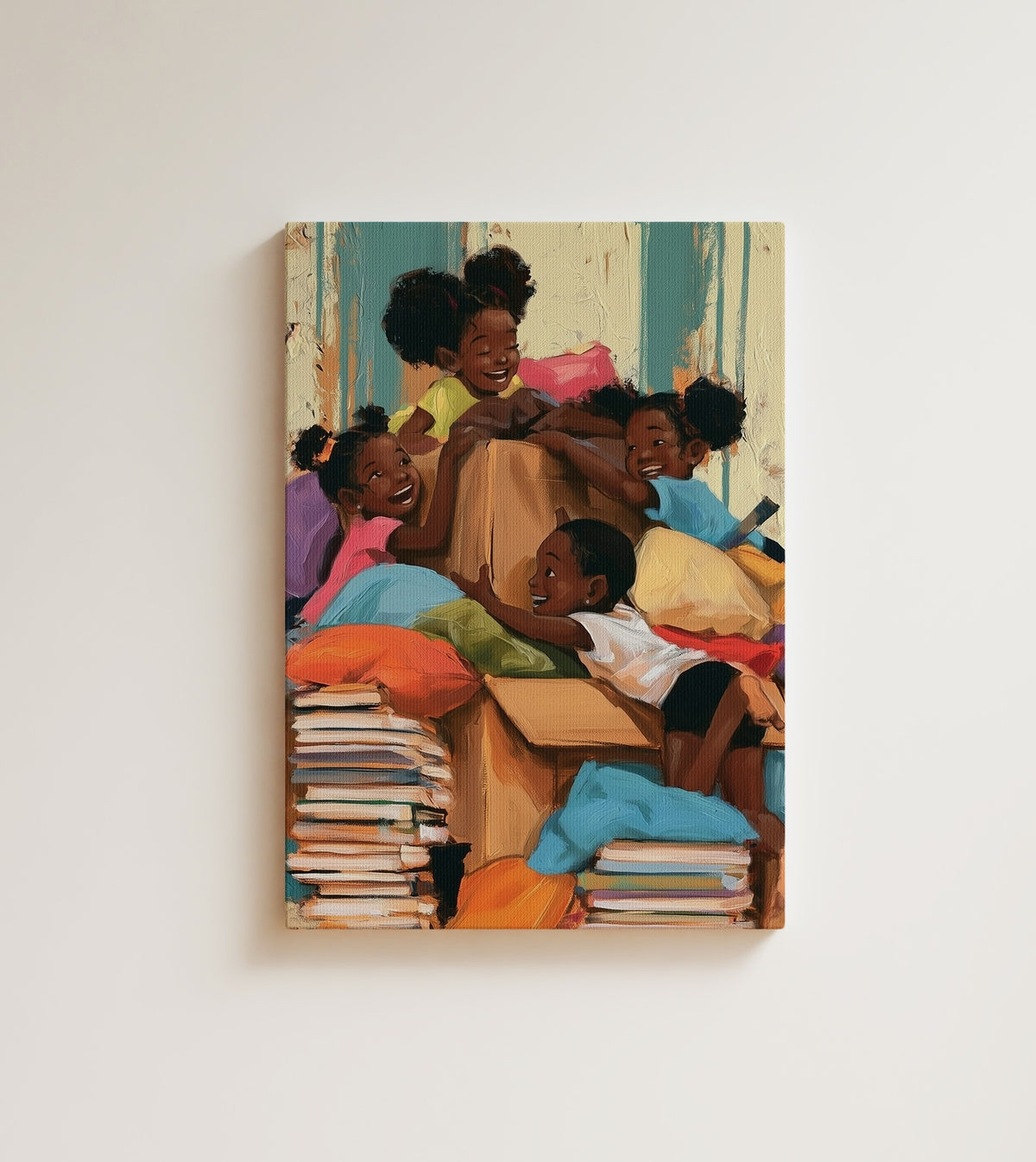 Pillow Fort Afternoon: give four kids one cardboard box and you will get an entire ocean. Canvas wall art, shown on a plain wall