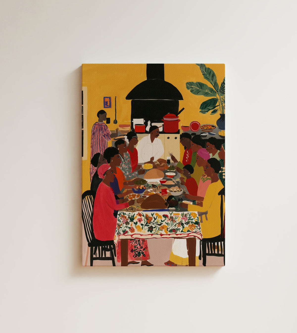 Everyone at the Table: twelve people, one table, and somebody still carrying another dish over from the stove. Canvas wall art, shown on a plain wall