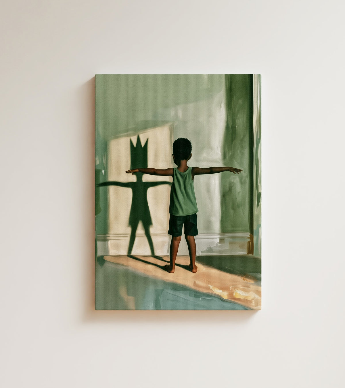 Wings at Noon: his shadow already knows who he is. Canvas wall art, shown on a plain wall