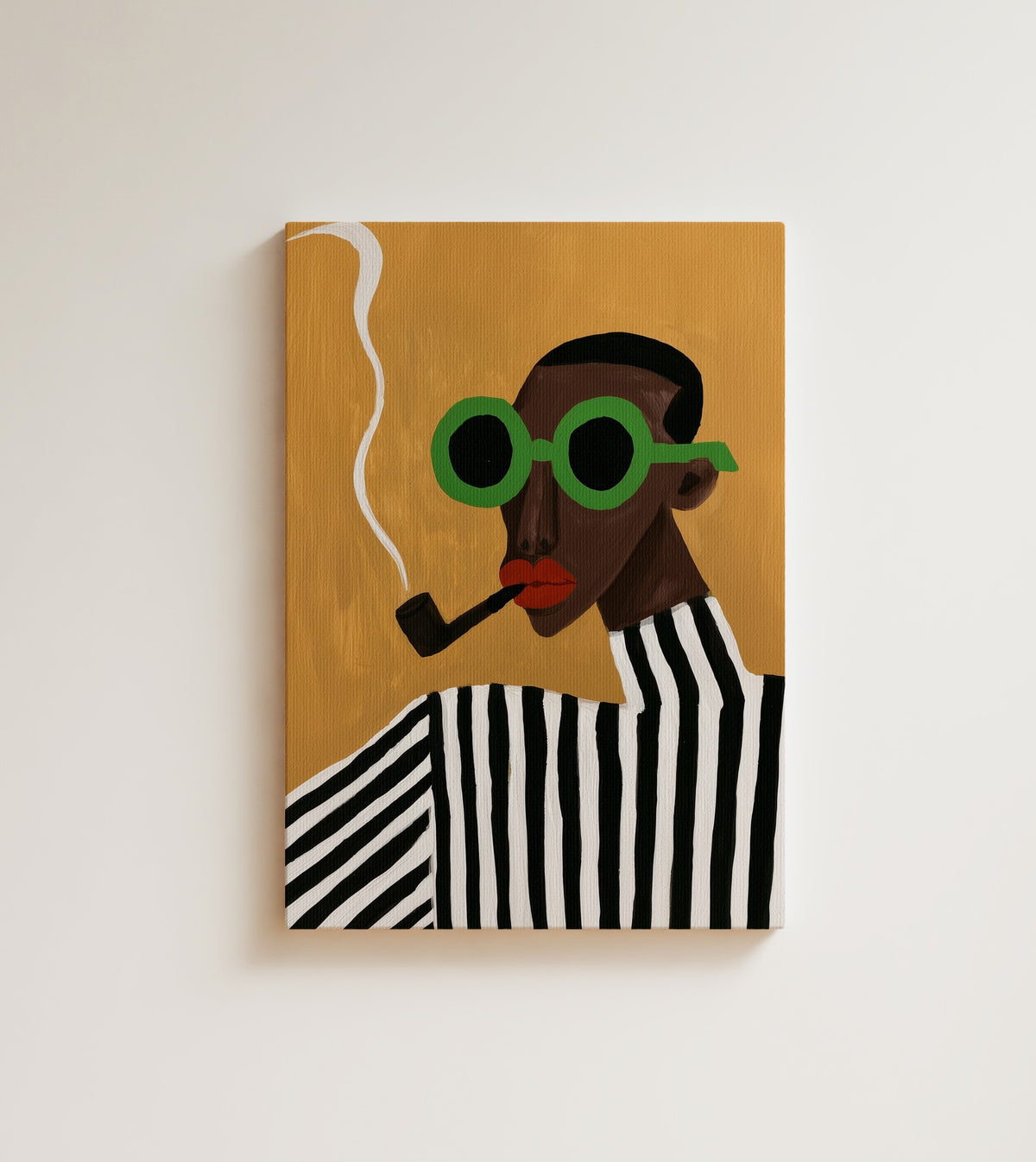 Man with a Pipe: A man in round green glasses, white smoke curling from his pipe. Canvas wall art, shown on a plain wall