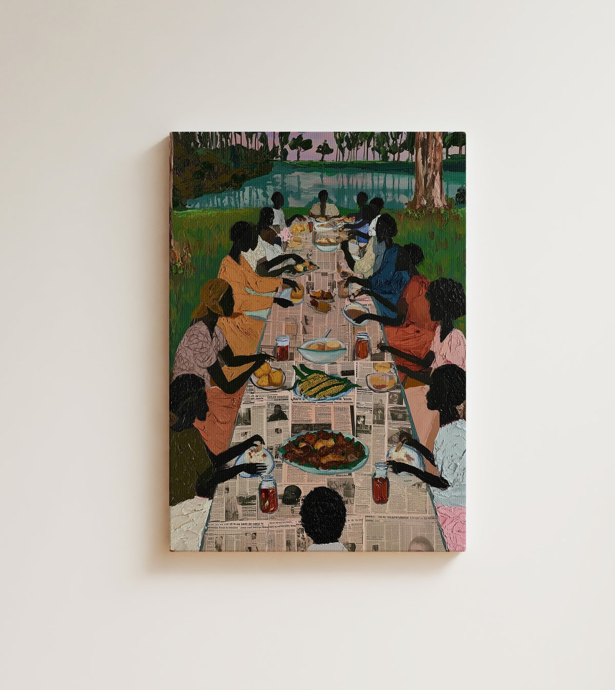 Sunday by the Water: A long table that keeps growing, platters passed hand to hand. Canvas wall art, shown on a plain wall