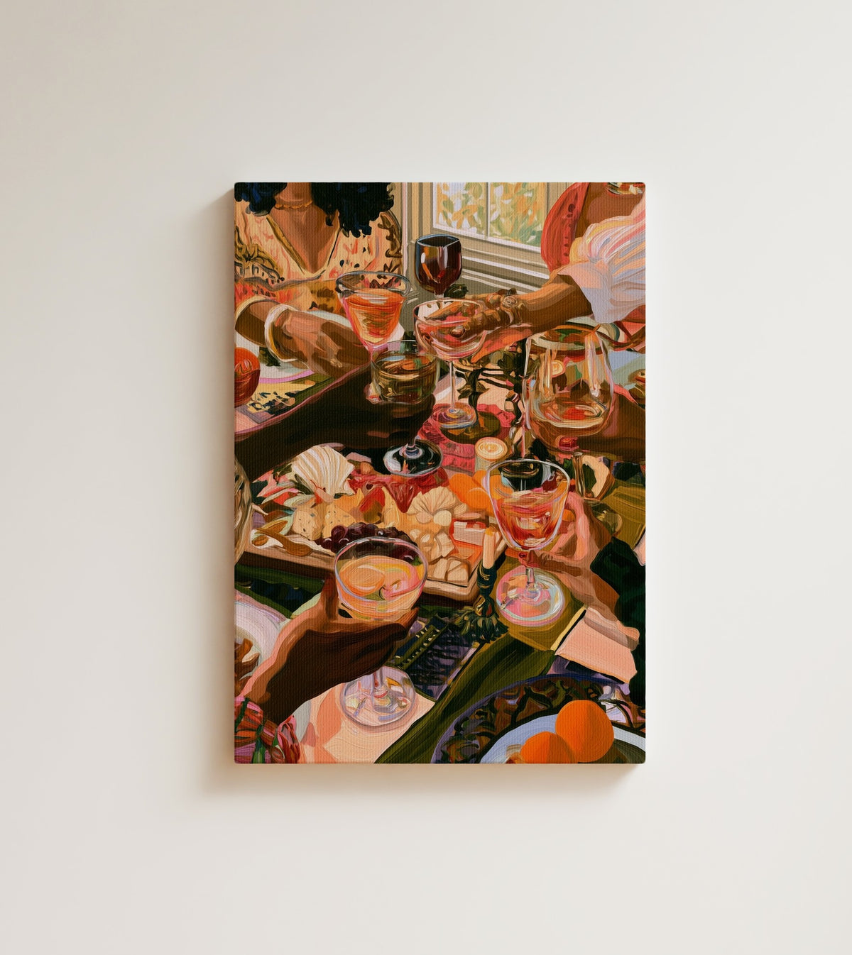 Late Brunch, Good Light: friends raising their glasses over a sunlit table of cheese boards, fruit and wine. Canvas wall art, shown on a plain wall