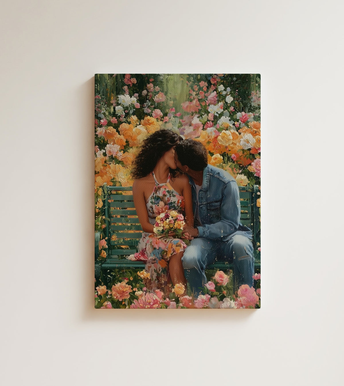 The Garden Bench: A couple kisses on a green bench swallowed by roses. Canvas wall art, shown on a plain wall