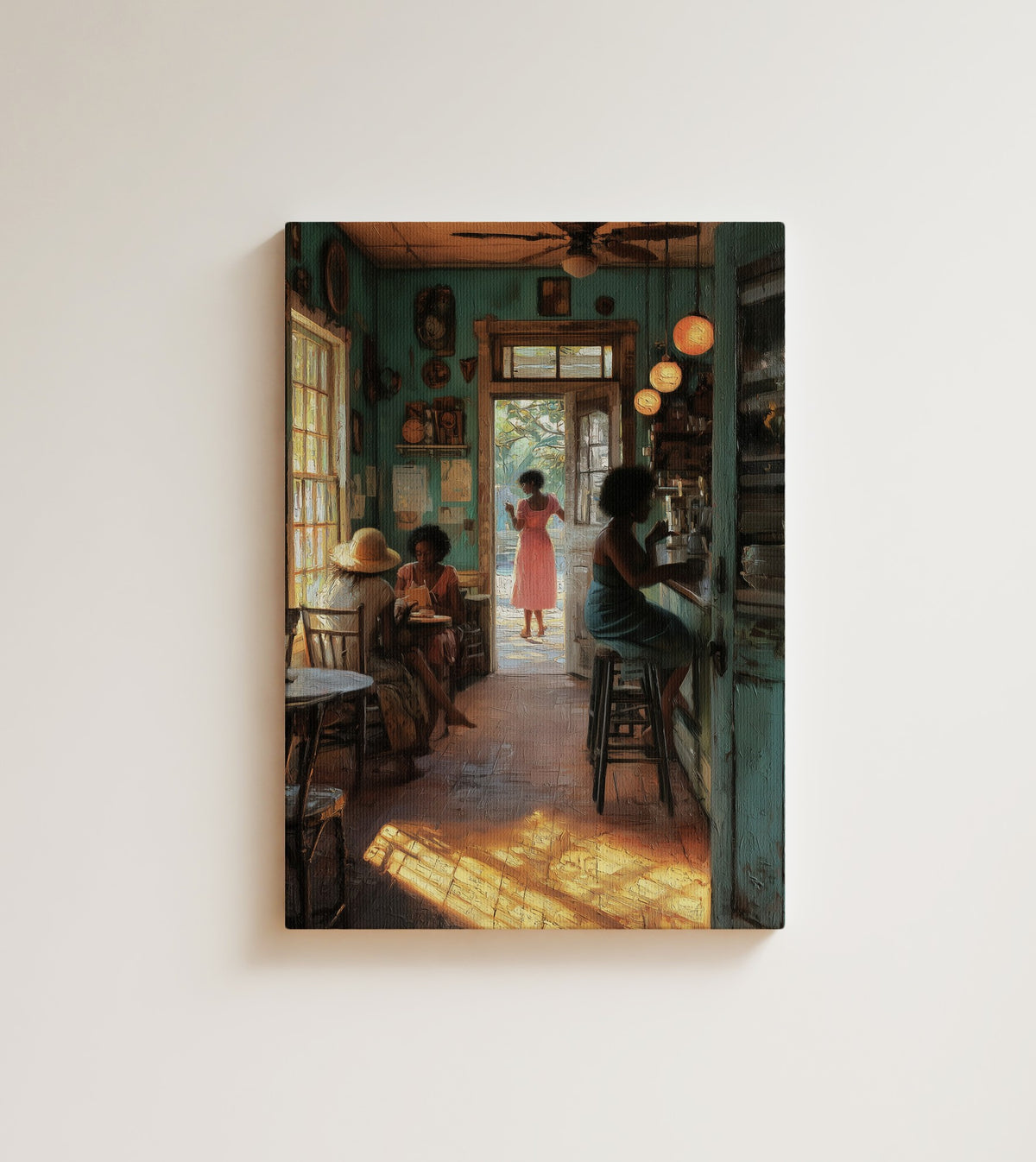Morning at the Café: black women sharing a table in a sunlit teal coffee shop, light spilling across the terracotta floor. Canvas wall art, shown on a plain wall