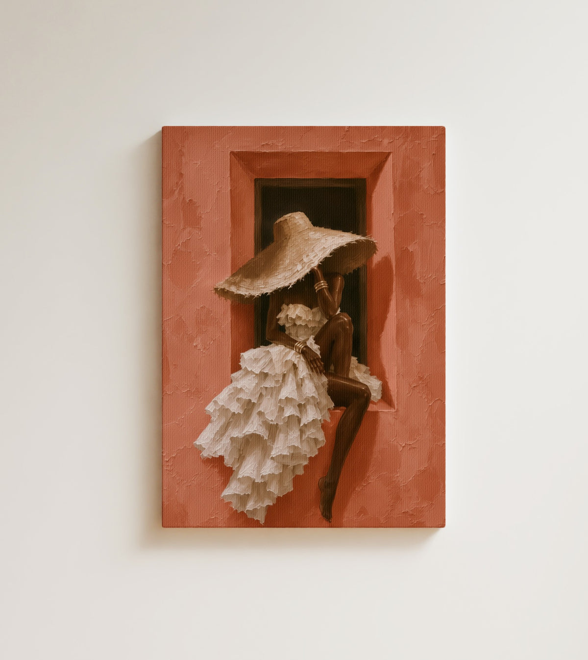 The Window Seat: terracotta all around, white ruffles falling, and a hat wide as the window. Canvas wall art, shown on a plain wall
