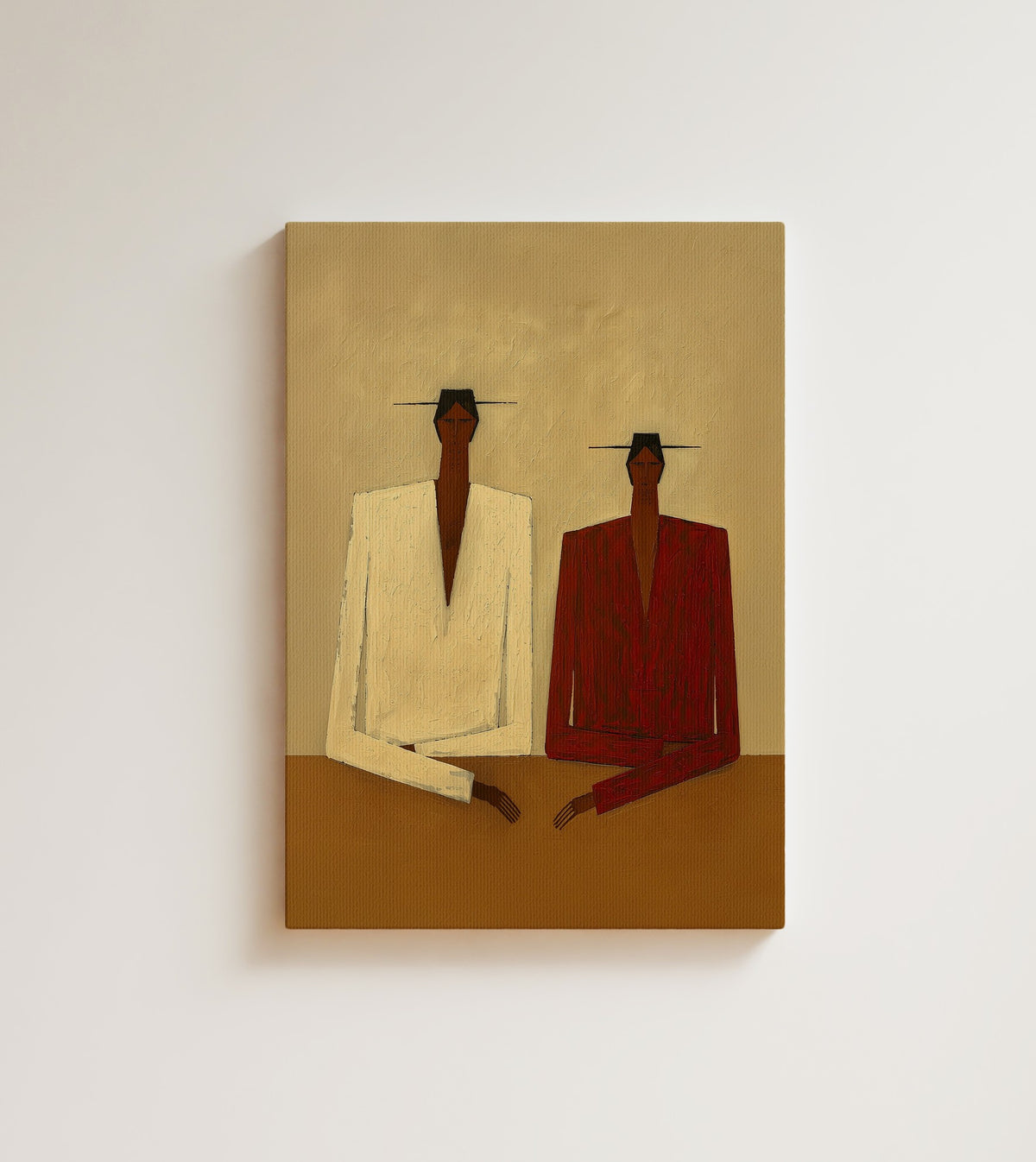 An Afternoon Sitting: two Black men sit side by side in cream and deep red suits and hats. Canvas wall art, shown on a plain wall