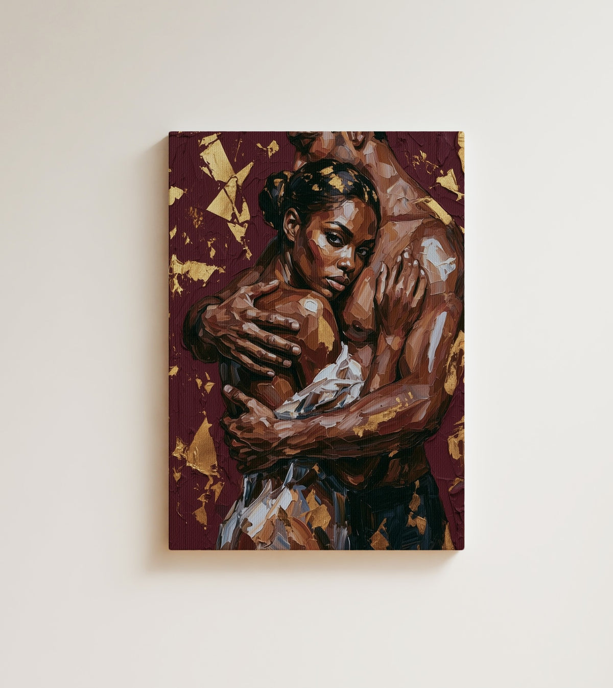 Holding On: A Black couple locked in an embrace. Canvas wall art, shown on a plain wall