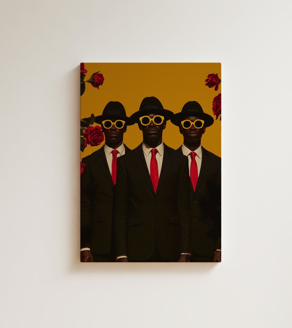Three Gentlemen: three Black men in sharp suits, red ties and yellow sunglasses. Canvas wall art, shown on a plain wall