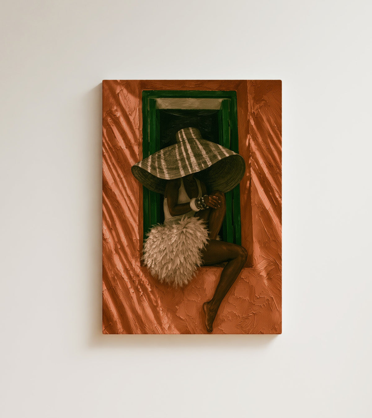 Woman at the Window, canvas wall art, shown on a plain wall
