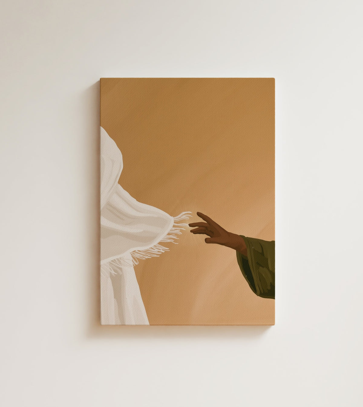 The Hem: A brown hand reaches for the fringed hem of a white robe, a spark of light between them. Canvas wall art, shown on a plain wall