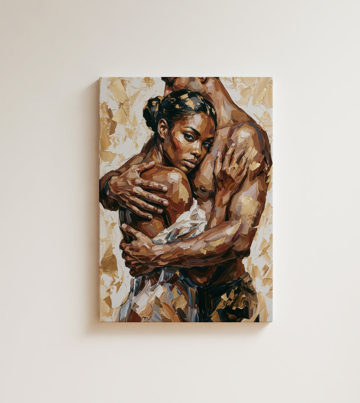 Held Close: A Black couple in a close embrace. Canvas wall art, shown on a plain wall