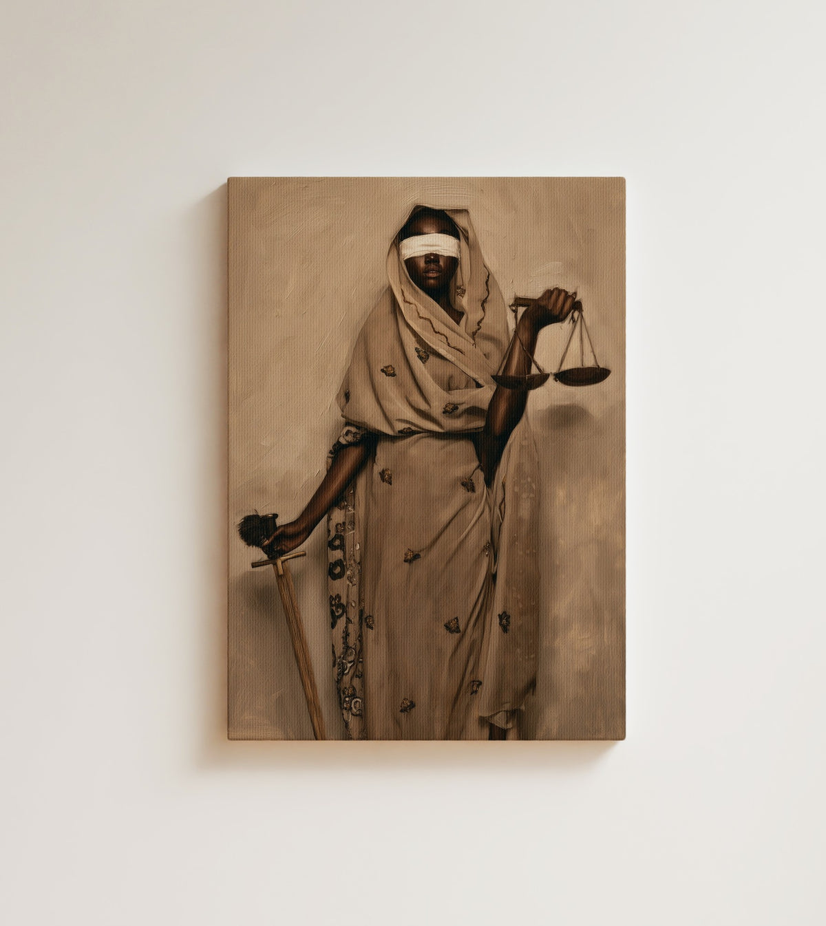 Lady Justice: blindfold on, scales steady, and nobody is getting past her. Canvas wall art, shown on a plain wall
