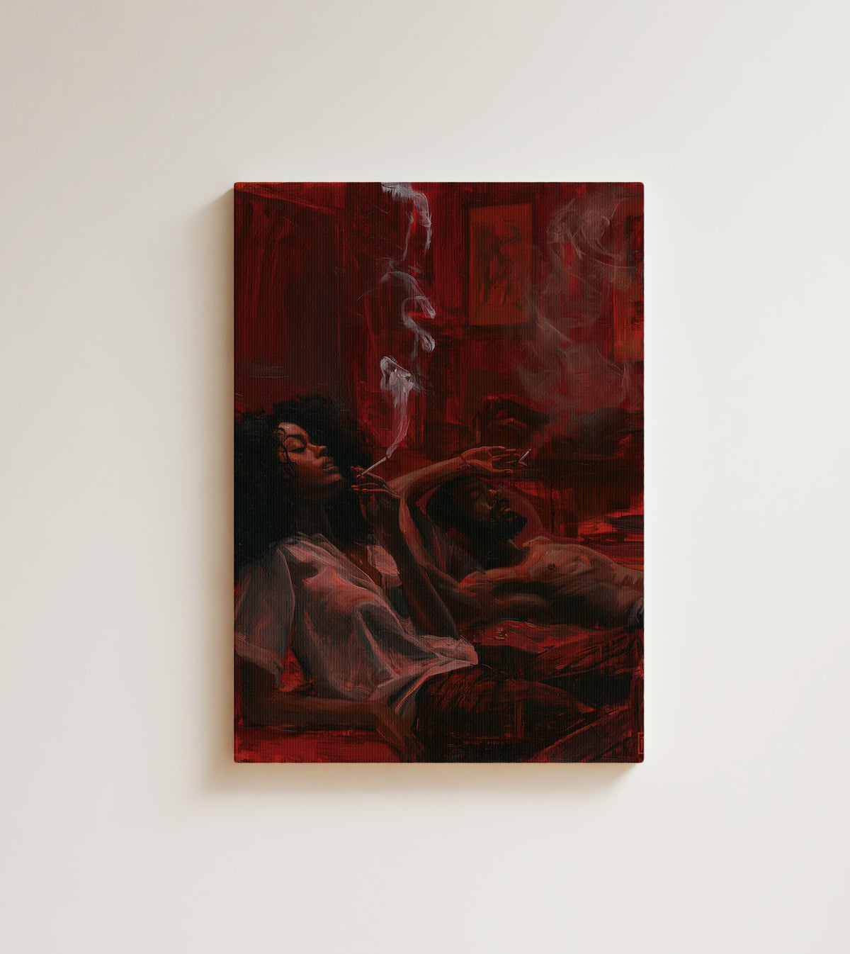 Smoke in the Parlour: A Black couple in a red room with nowhere else to be, a loose white shirt, a thin line of smoke. Canvas wall art, shown on a plain wall