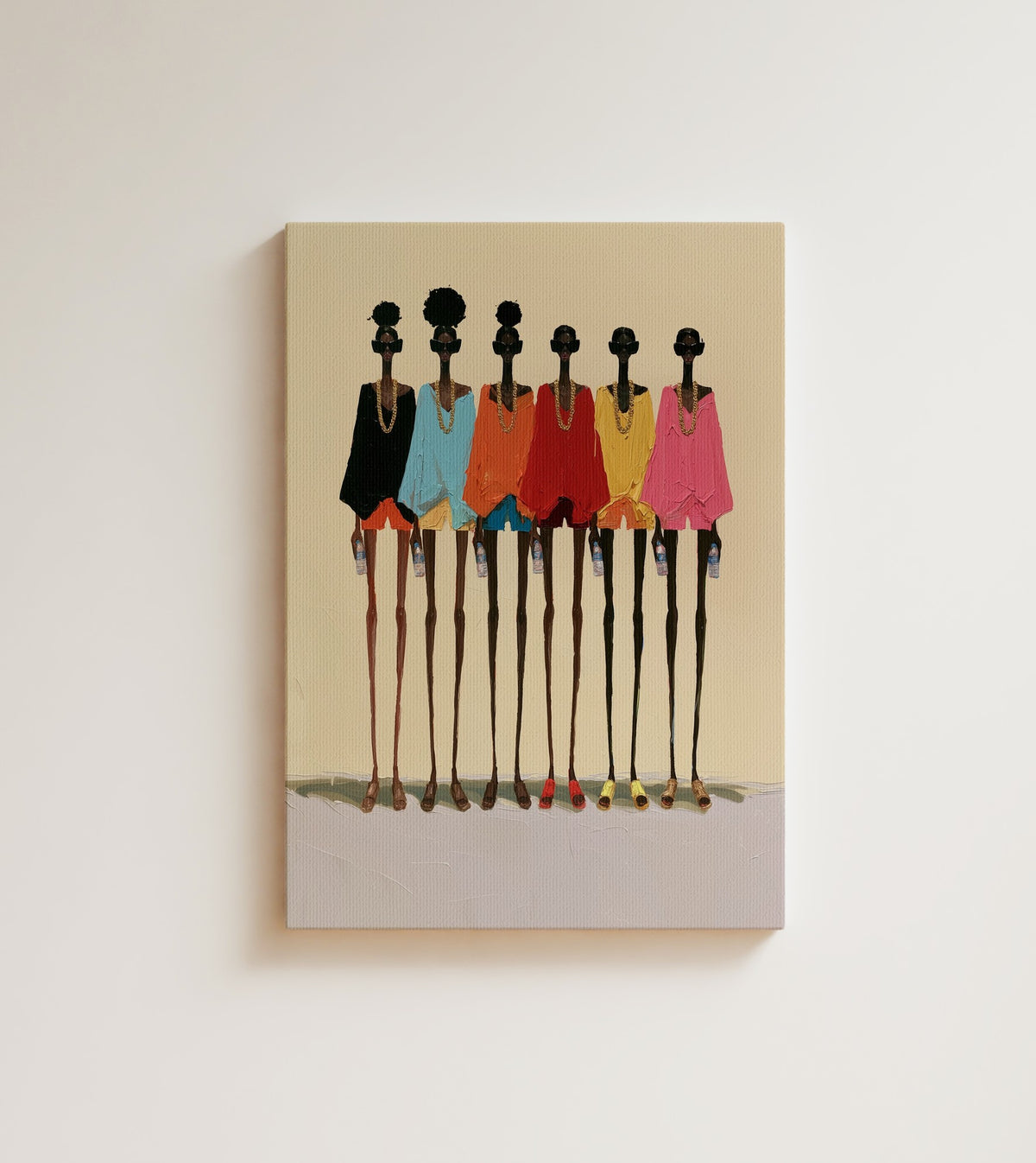 Six Sisters: six tall, elegant women stand side by side in bright blouses of blue, orange, red, yellow and pink. Canvas wall art, shown on a plain wall
