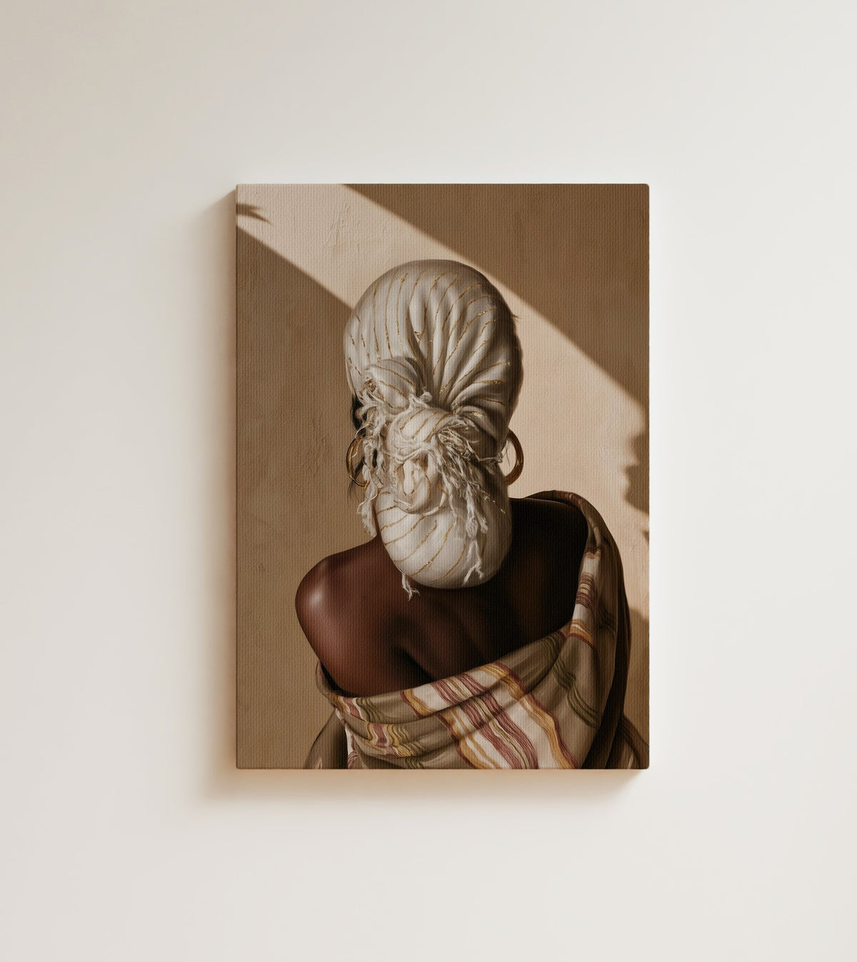 White Wrap: A Black woman seen from behind in a white and gold head wrap, gold hoops at her ears. Canvas wall art, shown on a plain wall