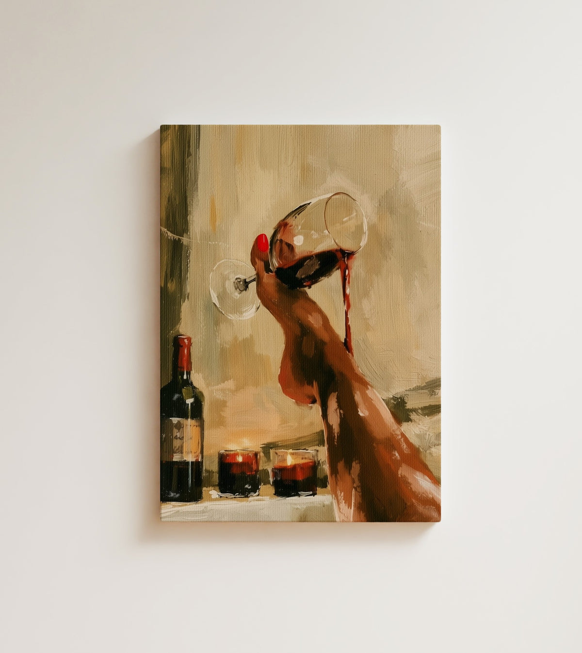 The Pour: A hand with one red nail tilts a wine glass until it spills. Canvas wall art, shown on a plain wall