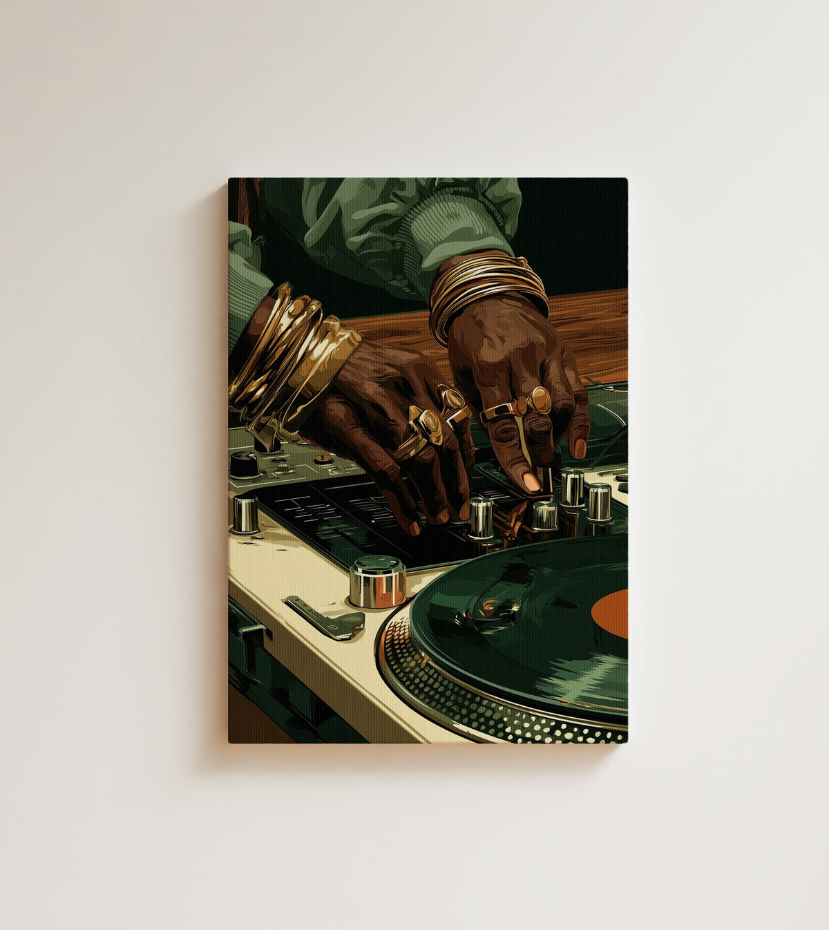 The Selector: two hands stacked with gold rings work a mixer while a green record turns below. Canvas wall art, shown on a plain wall