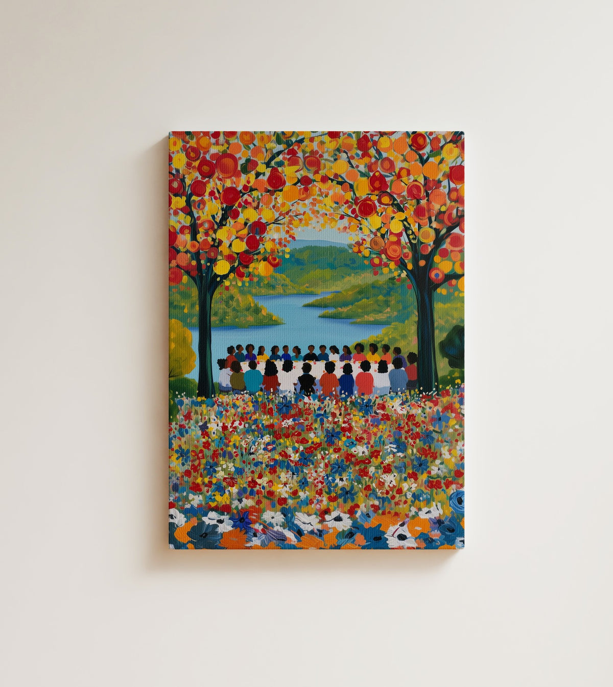 Gathering at the River: everyone came, everyone sat down, and the hill turned into a picnic. Canvas wall art, shown on a plain wall