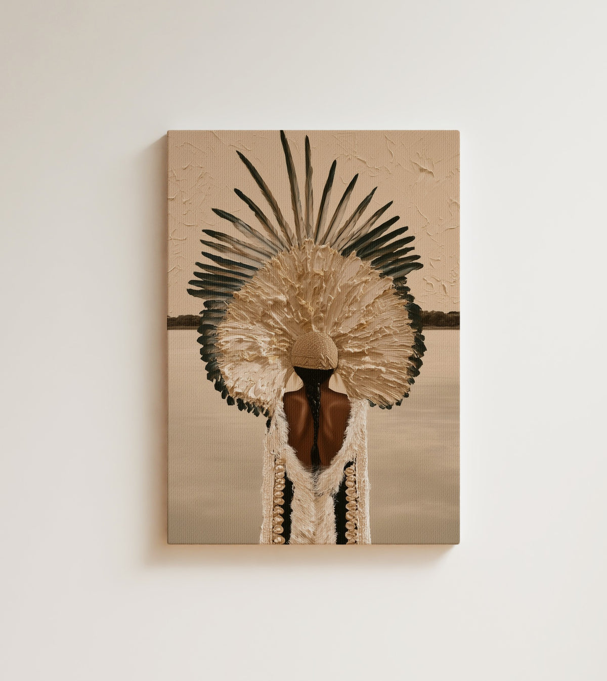 Plumed Silence: she looks out over the water, and the whole sky is behind her. Canvas wall art, shown on a plain wall
