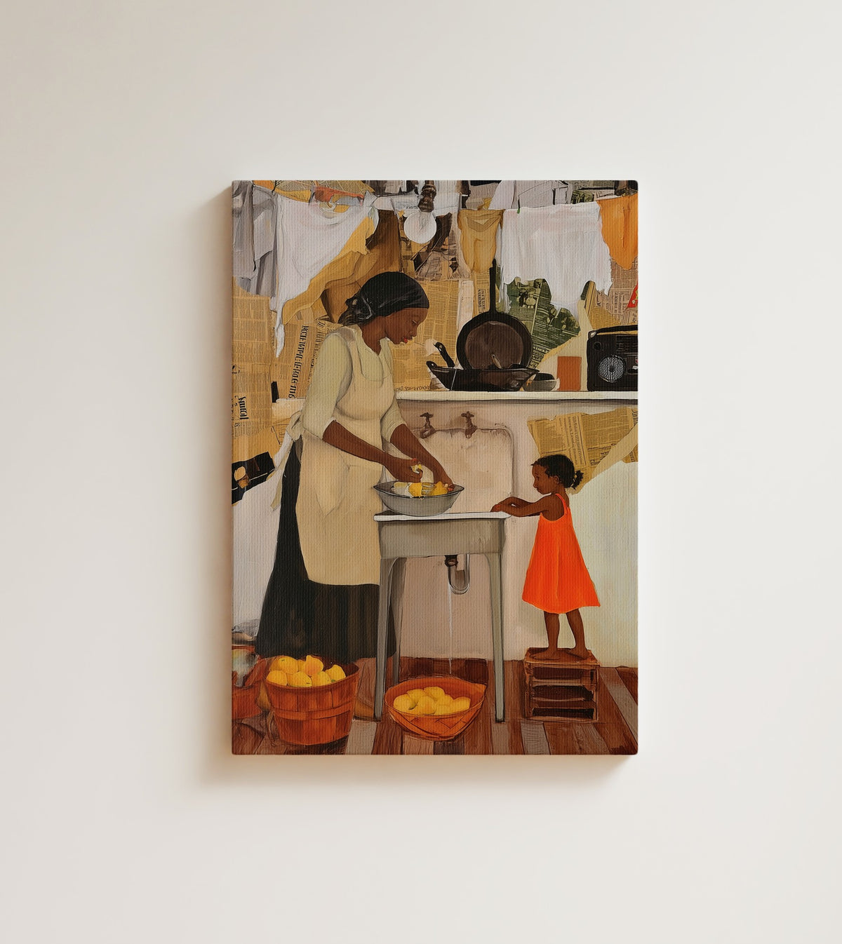 Mother with Lemons: every family recipe starts with little hands helping. Canvas wall art, shown on a plain wall