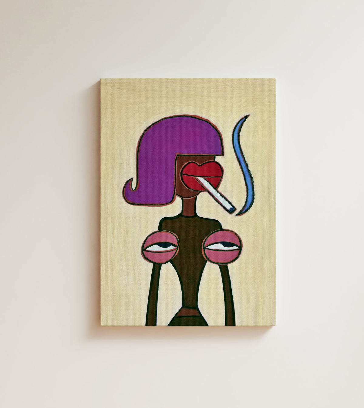 Violet Nonchalance: A Black woman with violet purple hair and pink lips holds a cigarette, a thread of blue smoke rising. Canvas wall art, shown on a plain wall
