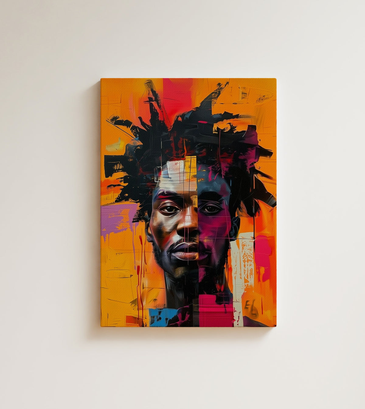 Loud Crown: the paint explodes around him and he does not blink. Canvas wall art, shown on a plain wall