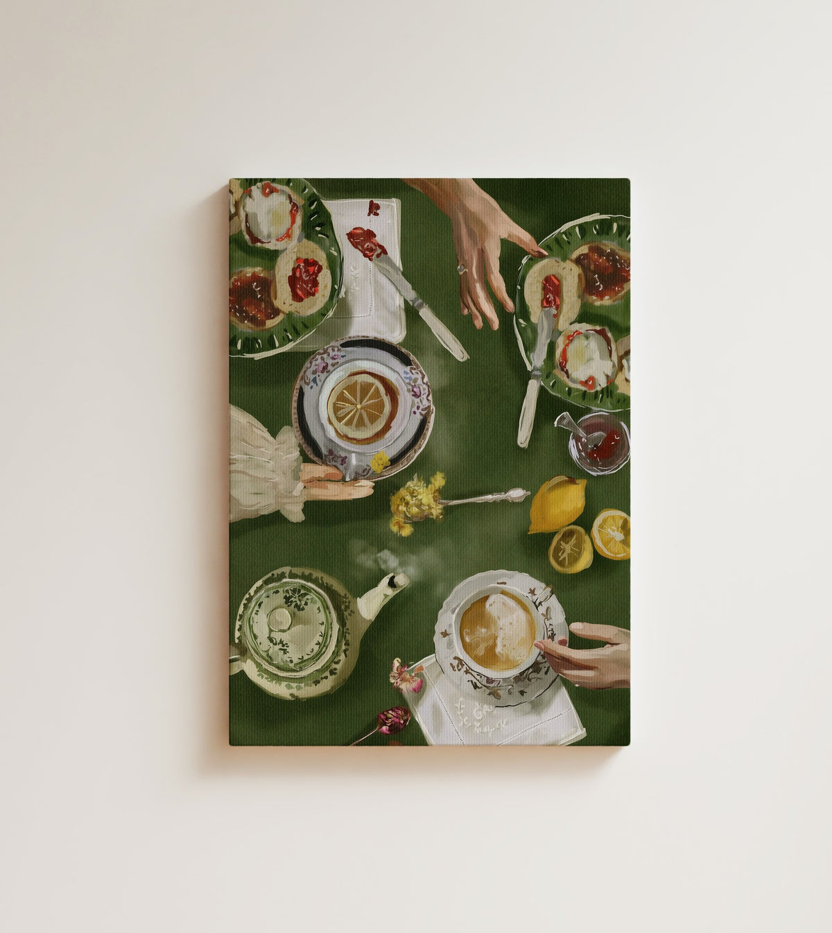 Afternoon Tea: tea for three, and everybody reaching for the same scone. Canvas wall art, shown on a plain wall
