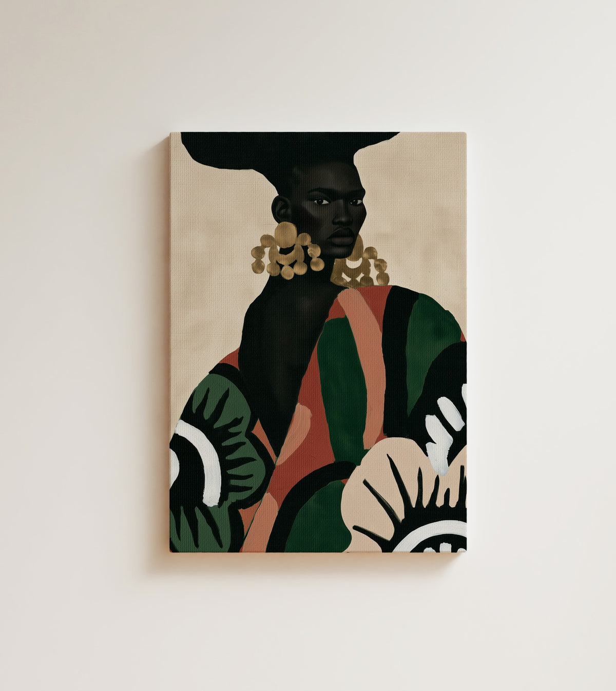 Gold Resonance: An African American woman with huge gold earrings and a bold green. Canvas wall art, shown on a plain wall