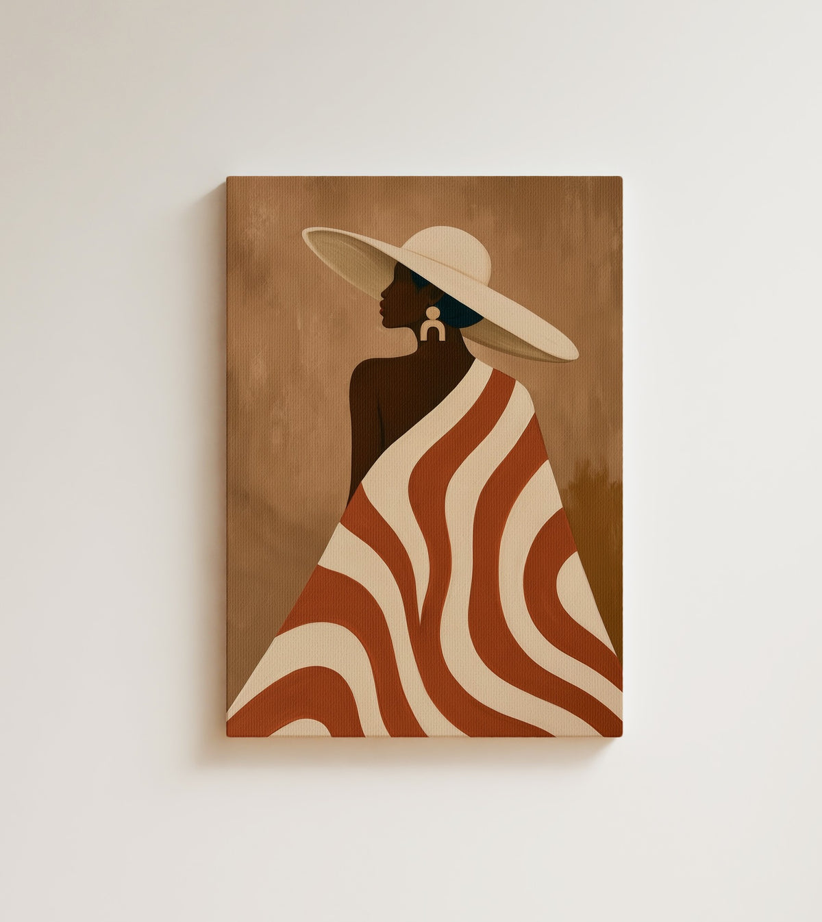 The Wide Hat: A Black woman in a wide white hat and a cape of rust and cream wavy stripes. Canvas wall art, shown on a plain wall